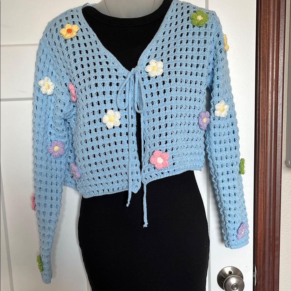Chic Light Blue Crochet Cardigan with Floral Accents